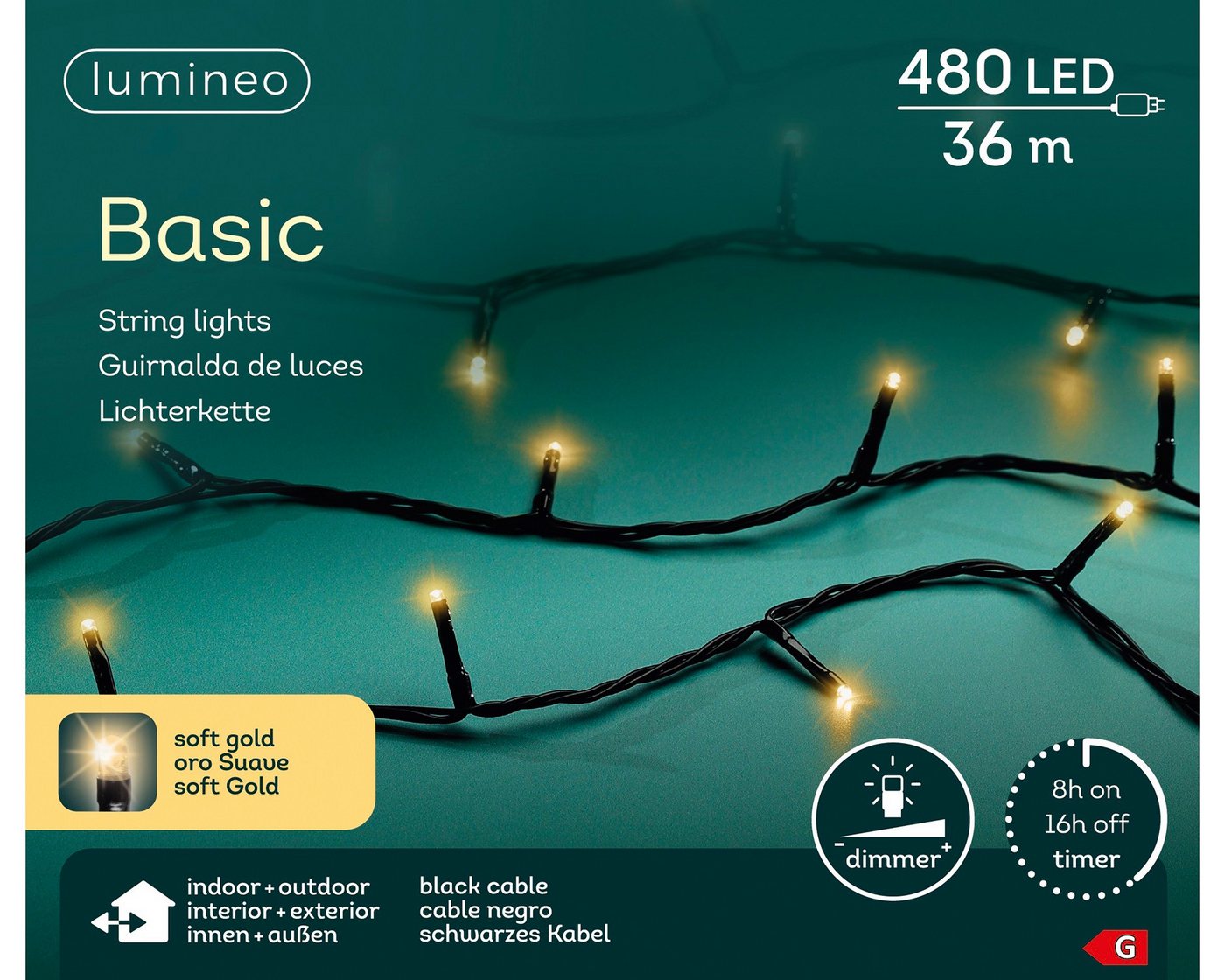Lumineo LED-Lichterkette Lumineo Lichterkette BASIC 480 LED 36 m Soft Gold, schwarzes Kabel, Indoor/Outdoor, dimmbar, 8h-Timer, + 5 m Zuleitung Lumineo LED-Lichterkette Lumineo Lichterkette BASIC 480 LED 36 m Soft Gold, schwarzes Kabel, Indoor/Outdoor, dimmbar, 8h-Timer, + 5 m Zuleitung von Lumineo