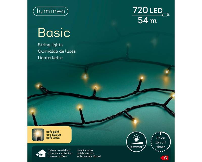 Lumineo LED-Lichterkette Lumineo Lichterkette BASIC 720 LED 54 m Soft Gold, schwarzes Kabel, Indoor/Outdoor, dimmbar, 8h-Timer, + 5 m Zuleitung von Lumineo