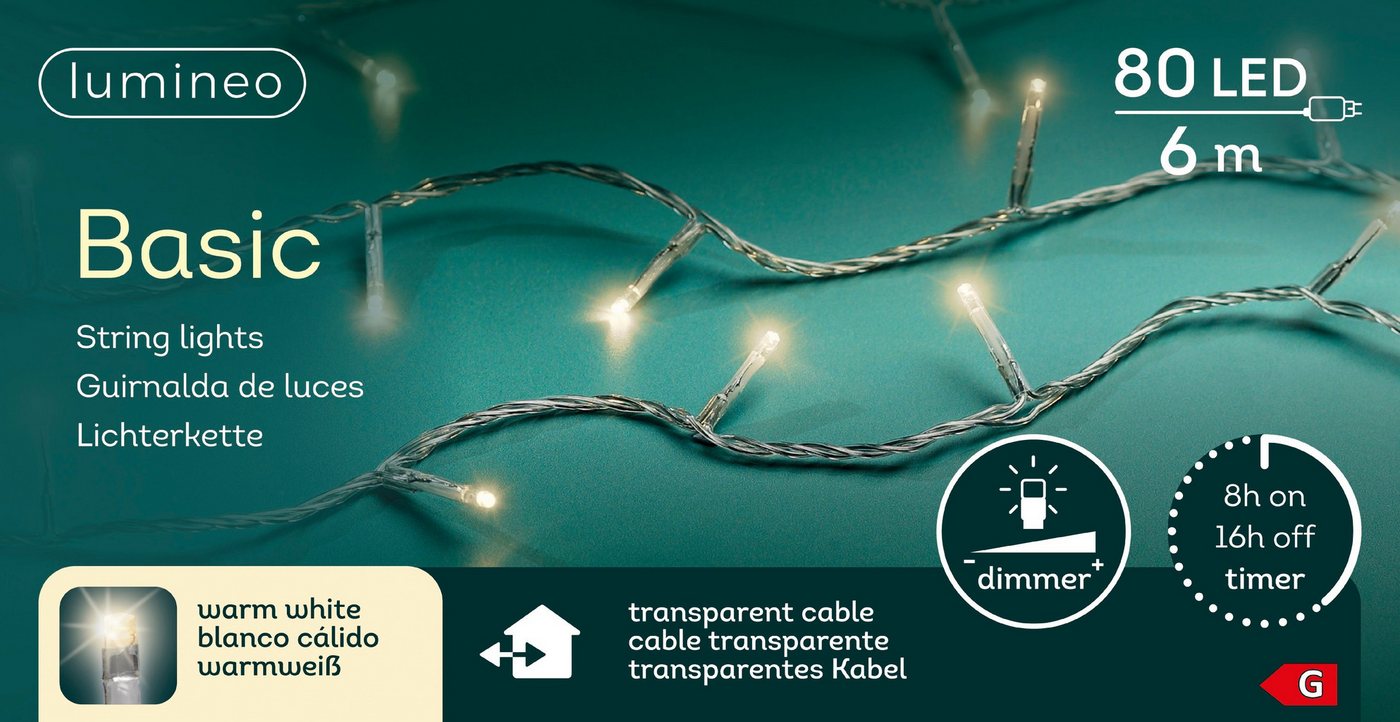 Lumineo LED-Lichterkette Lumineo Lichterkette BASIC 80 LED 6 m warm weiß, transparentes Kabel, Indoor/Outdoor, dimmbar, 8h-Timer, + 5 m Zuleitung Lumineo LED-Lichterkette Lumineo Lichterkette BASIC 80 LED 6 m warm weiß, transparentes Kabel, Indoor/Outdoor, dimmbar, 8h-Timer, + 5 m Zuleitung von Lumineo