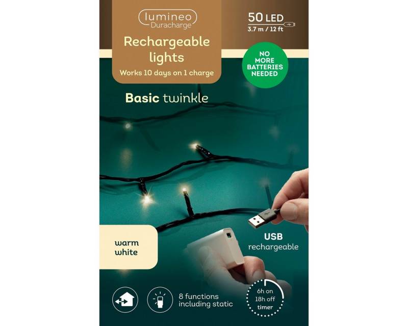 Lumineo LED-Lichterkette Lumineo Lichterkette BASIC Twinkle, 50 LED 3,7 m, warm weiß, mit USB, Indoor/Outdoor, 8 Funktionen, 6h-Timer, wiederaufladbar von Lumineo