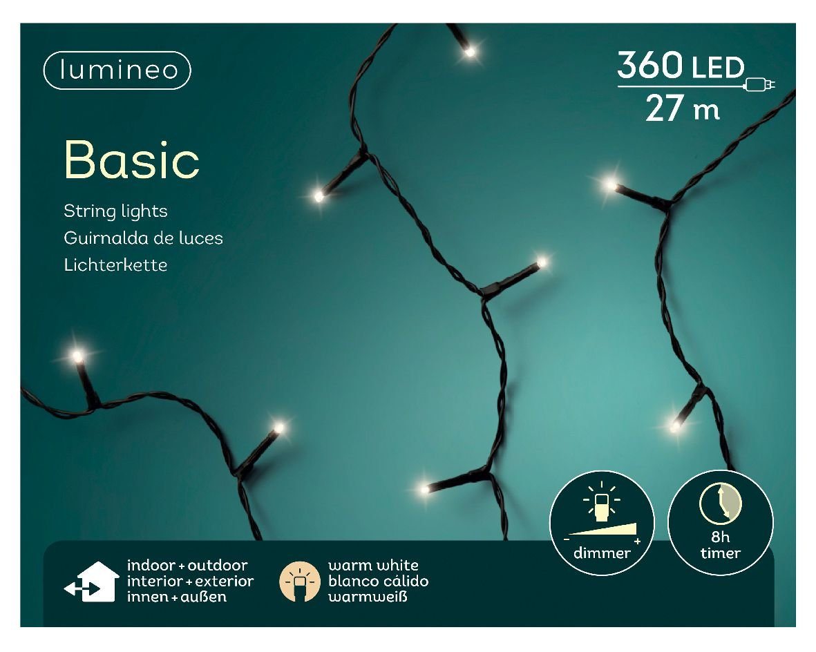 Lumineo LED-Lichterkette Lumineo Lichterkette Basic 360 LED 27 m warm weiß, schwarzes Kabel, Indoor, Outdoor, dimmbar, 8h-Timer von Lumineo