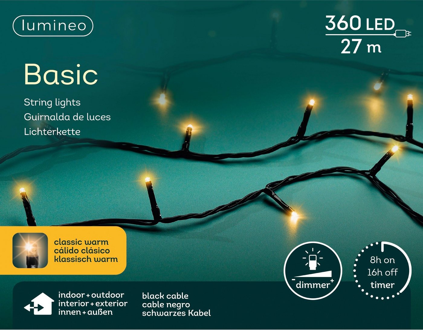 Lumineo LED-Lichterkette Lumineo Basic 360 LED 27m warm weiß, schwarzes Kabel, Timer, Dimmbar, Dimmbar, Timer, Indoor, Outdoor von Lumineo