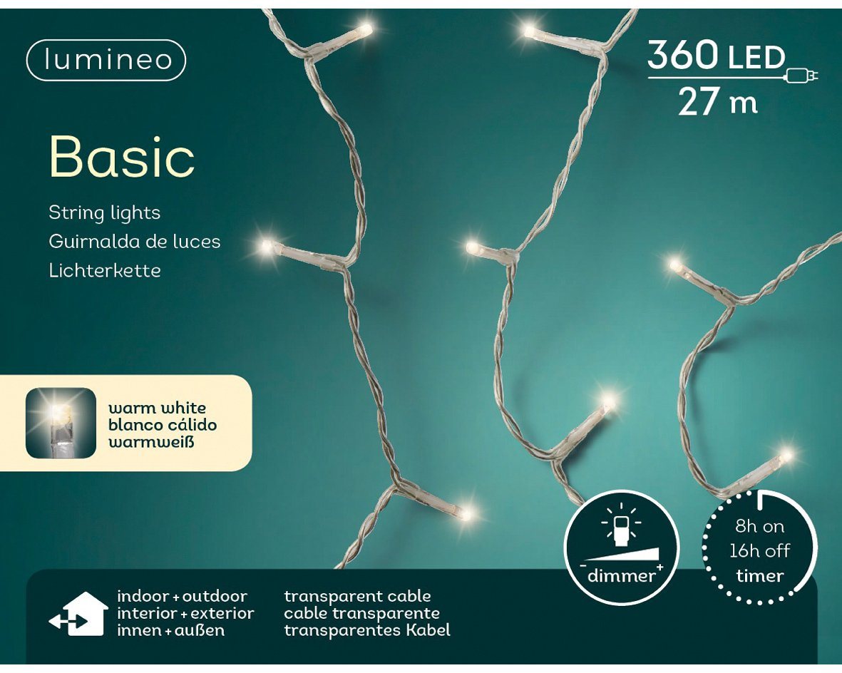 Lumineo LED-Lichterkette Lumineo Lichterkette Basic 360 LED 27m warm weiß, transparentes Kabel, Dimmbar, Timer, Indoor, Outdoor von Lumineo