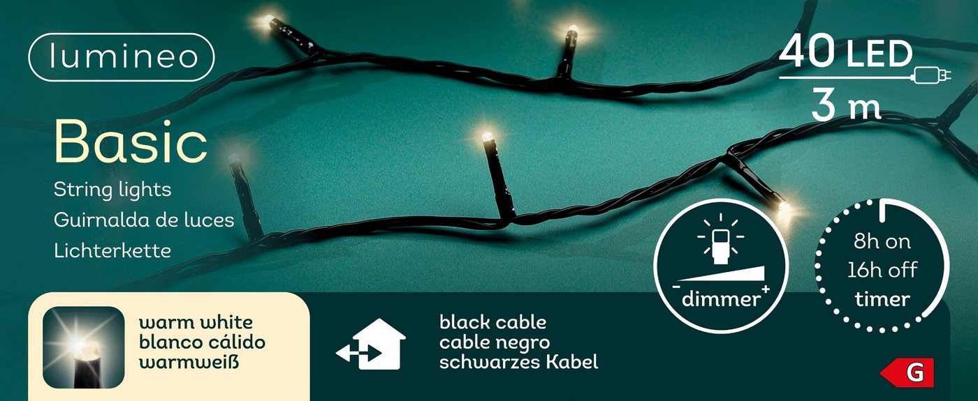 Lumineo LED-Lichterkette Lumineo Lichterkette BASIC 40 LED 3 m warm weiß, schwarzes Kabel, Indoor/Outdoor, dimmbar, 8h-Timer, + 5 m Zuleitung Lumineo LED-Lichterkette Lumineo Lichterkette BASIC 40 LED 3 m warm weiß, schwarzes Kabel, Indoor/Outdoor, dimmbar, 8h-Timer, + 5 m Zuleitung von Lumineo