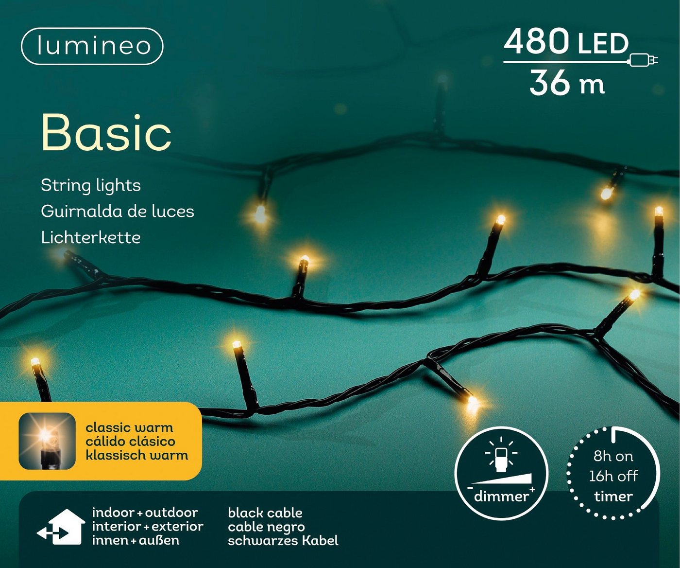 Lumineo LED-Lichterkette Lumineo Lichterkette Basic 480 LED 36m klassisch warm, schwarzes Kabel, Dimmbar, Timer, Indoor, Outdoor von Lumineo