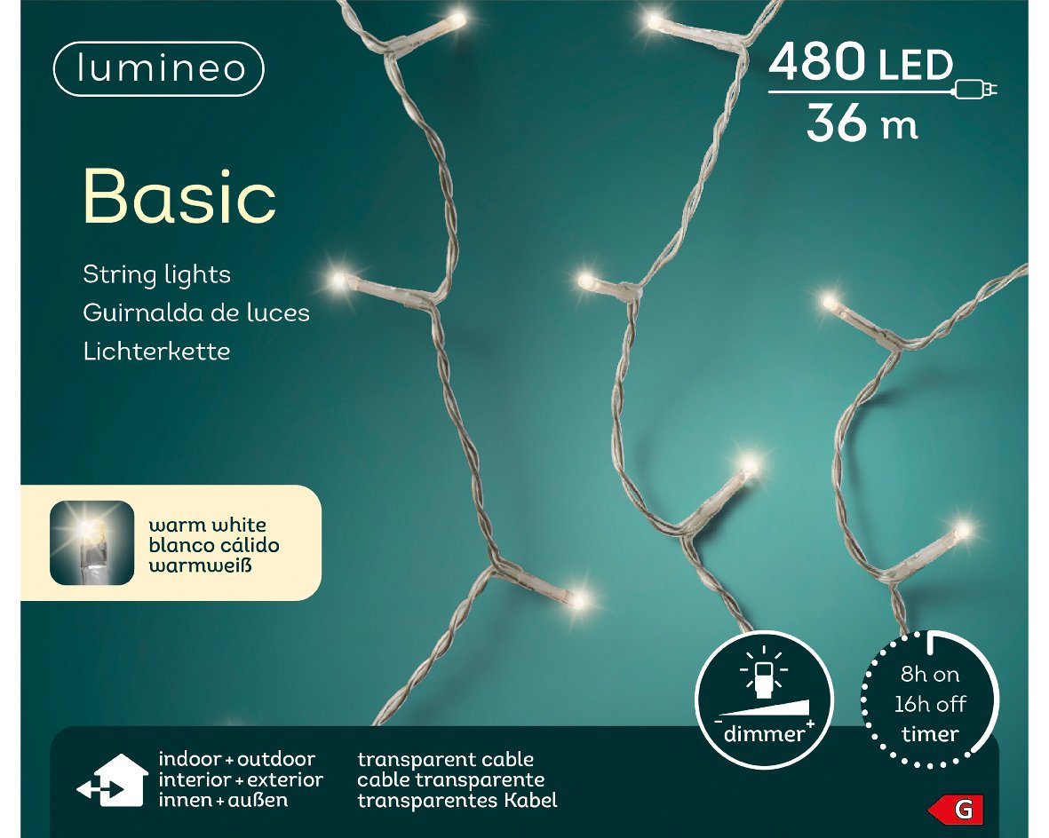 Lumineo LED-Lichterkette Lumineo Lichterkette Basic 480 LED 36 m warm weiß, transparentes Kabel, Dimmbar, Timer, Indoor, Outdoor von Lumineo