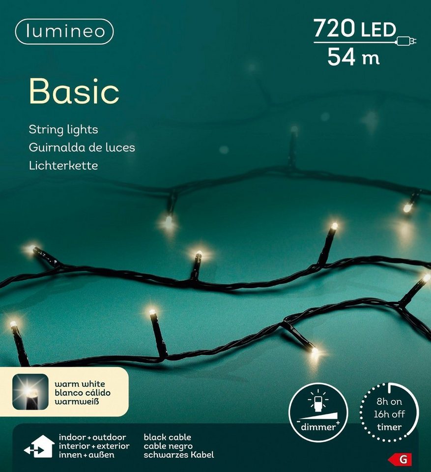 Lumineo LED-Lichterkette Lumineo Lichterkette Basic 720 LED 54 m warm weiß, schwarzes Kabel, Dimmbar, Timer, Indoor, Outdoor von Lumineo