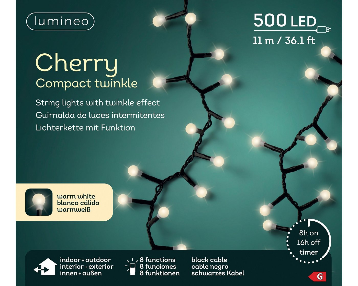 Lumineo LED-Lichterkette Lumineo Lichterkette CHERRY Compact Twinkle 500 LED 11 m warm weiß, Indoor/Outdoor, 8 Funktionen, 8h-Timer, + 5 Meter von Lumineo