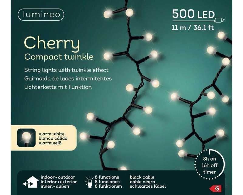Lumineo LED-Lichterkette Lumineo Lichterkette CHERRY Compact Twinkle 500 LED 11 m warm weiß, Indoor/Outdoor, 8 Funktionen, 8h-Timer, + 5 Meter von Lumineo
