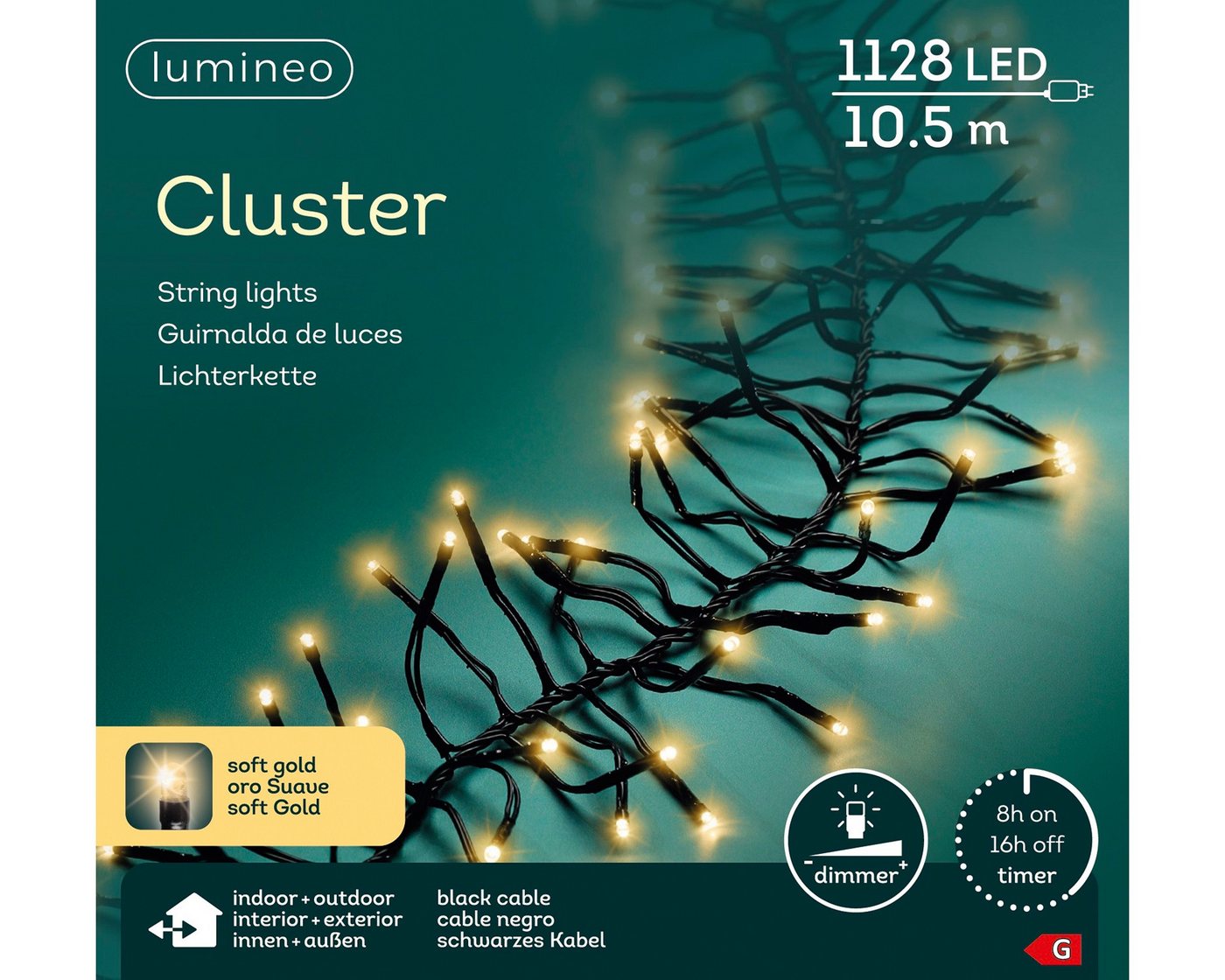 Lumineo LED-Lichterkette Lumineo Lichterkette CLUSTER 1128 LED 10,5m Soft Gold, schwarzes Kabel, Indoor/Outdoor, dimmbar, 8h-Timer, + 5 m Zuleitung Lumineo LED-Lichterkette Lumineo Lichterkette CLUSTER 1128 LED 10,5m Soft Gold, schwarzes Kabel, Indoor/Outdoor, dimmbar, 8h-Timer, + 5 m Zuleitung von Lumineo