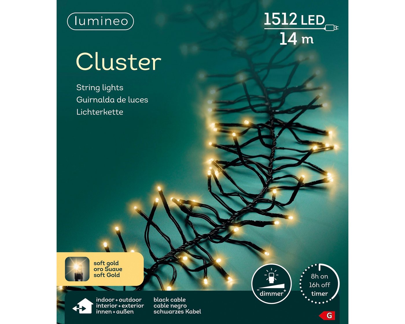Lumineo LED-Lichterkette Lumineo Lichterkette CLUSTER 1512 LED 14 m Soft Gold, schwarzes Kabel, Indoor/Outdoor, dimmbar, 8h-Timer, + 5 m Zuleitung Lumineo LED-Lichterkette Lumineo Lichterkette CLUSTER 1512 LED 14 m Soft Gold, schwarzes Kabel, Indoor/Outdoor, dimmbar, 8h-Timer, + 5 m Zuleitung von Lumineo