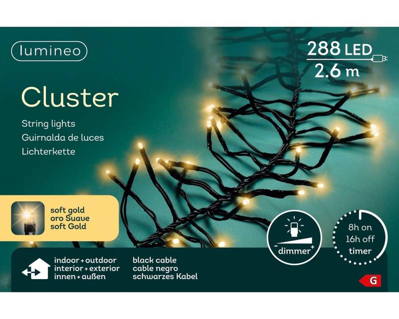 Lumineo LED-Lichterkette Lumineo Lichterkette CLUSTER 288 LED 2,6 m Soft Gold, schwarzes Kabel, Indoor/Outdoor, dimmbar, 8h-Timer, + 5 m Zuleitung von Lumineo