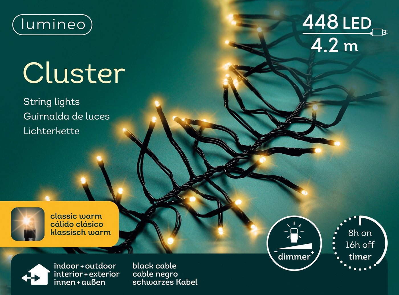 Lumineo LED-Lichterkette Lumineo Lichterkette CLUSTER 448 LED 4,2 m klassisch warm, schwarz, Indoor/Outdoor, dimmbar, 8h-Timer, + 5 m Zuleitung Lumineo LED-Lichterkette Lumineo Lichterkette CLUSTER 448 LED 4,2 m klassisch warm, schwarz, Indoor/Outdoor, dimmbar, 8h-Timer, + 5 m Zuleitung von Lumineo