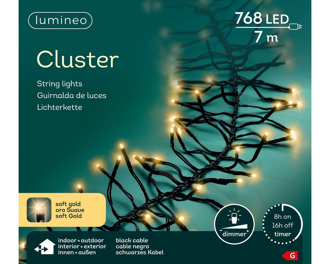 Lumineo LED-Lichterkette Lumineo Lichterkette CLUSTER 768 LED 7 m Soft Gold, schwarzes Kabel, Indoor/Outdoor, dimmbar, 8h-Timer, + 5 m Zuleitung von Lumineo
