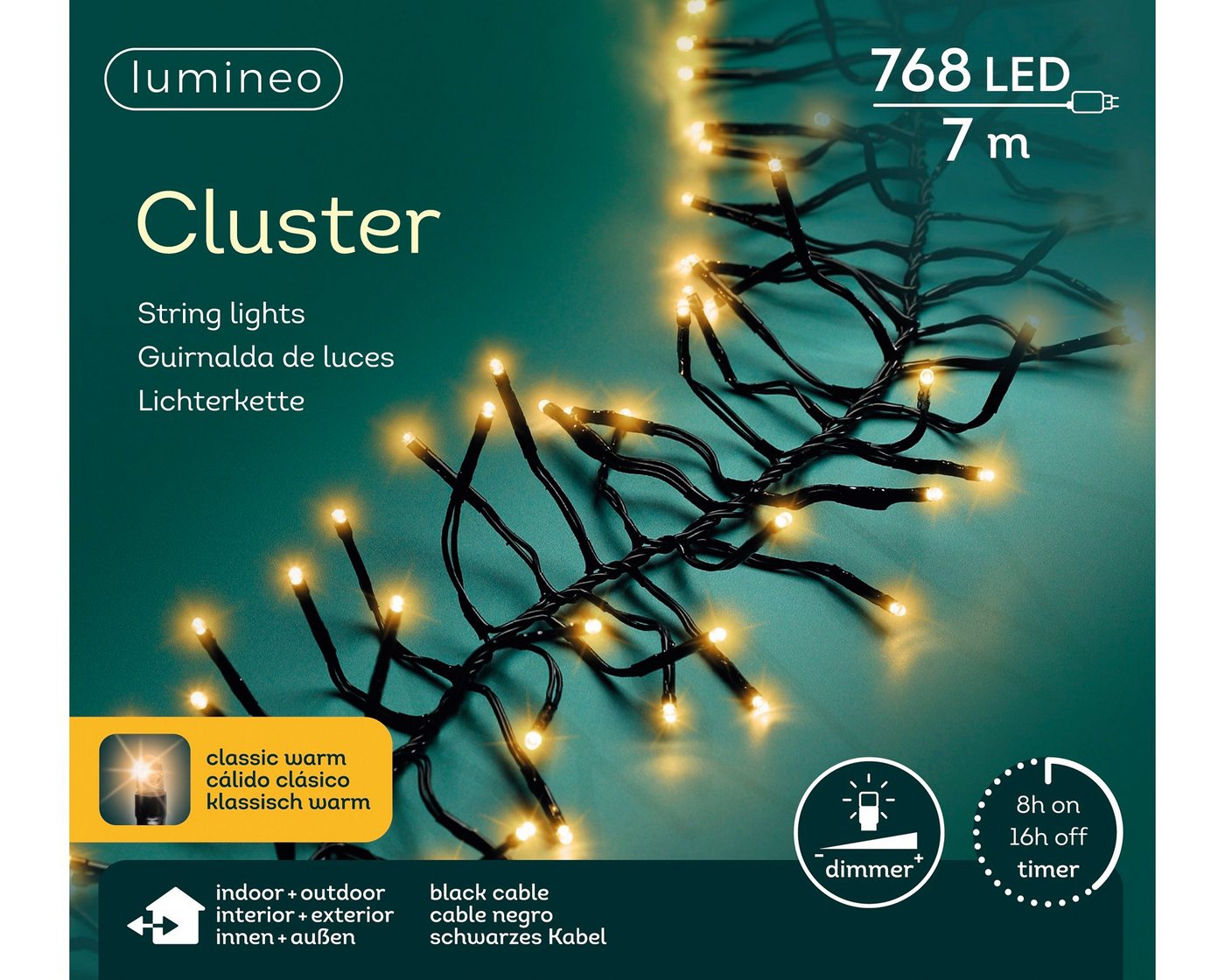 Lumineo LED-Lichterkette Lumineo Lichterkette CLUSTER 768 LED 7 m klassisch warm, schwarz, Indoor/Outdoor, dimmbar, 8h-Timer, + 5 m Zuleitung Lumineo LED-Lichterkette Lumineo Lichterkette CLUSTER 768 LED 7 m klassisch warm, schwarz, Indoor/Outdoor, dimmbar, 8h-Timer, + 5 m Zuleitung von Lumineo