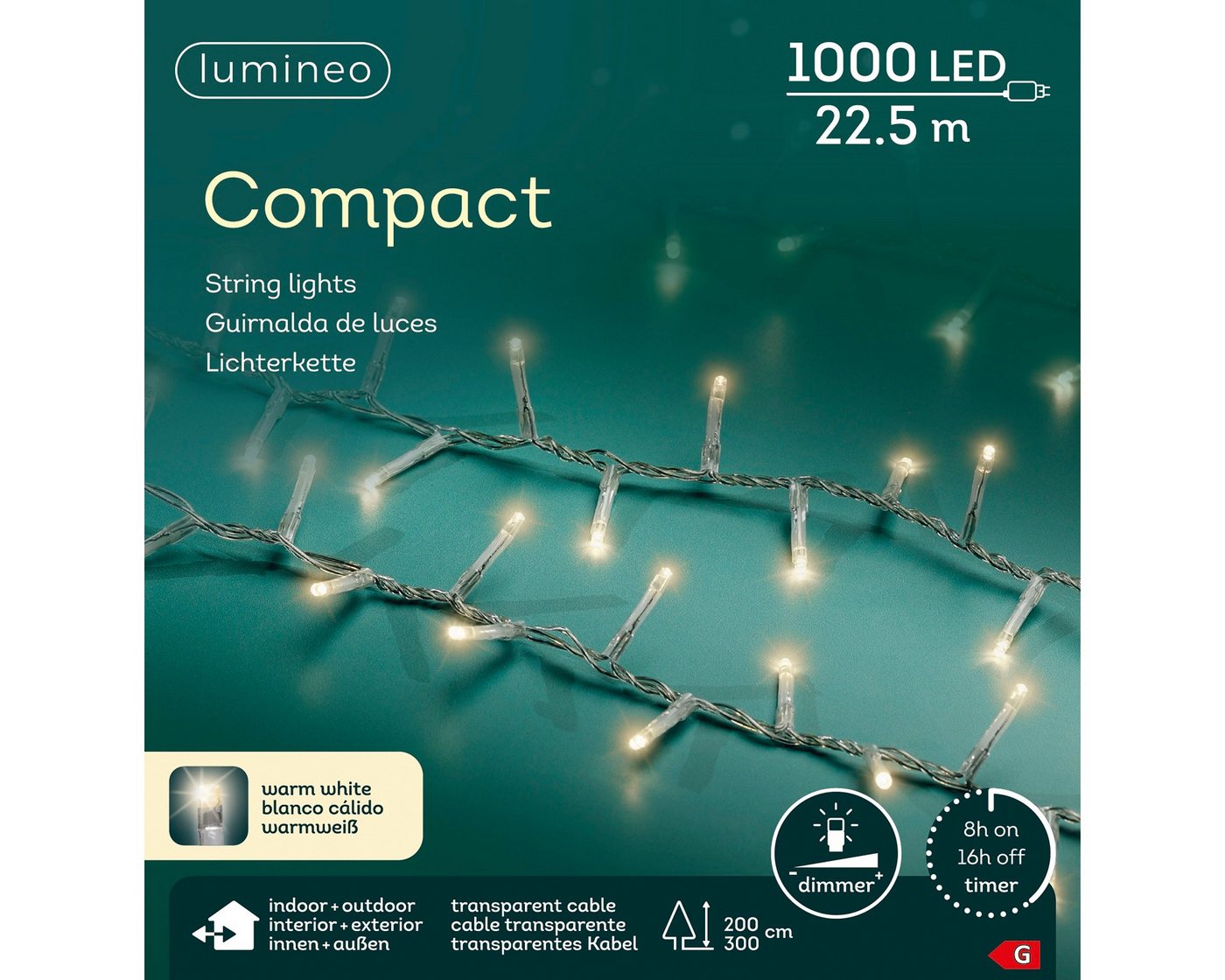 Lumineo LED-Lichterkette Lumineo Lichterkette COMPACT 1000 LED 22,5 m warm weiß, transp. Kabel, Indoor/Outdoor, dimmbar, 8h-Timer, 5 m Zuleitung Lumineo LED-Lichterkette Lumineo Lichterkette COMPACT 1000 LED 22,5 m warm weiß, transp. Kabel, Indoor/Outdoor, dimmbar, 8h-Timer, 5 m Zuleitung von Lumineo