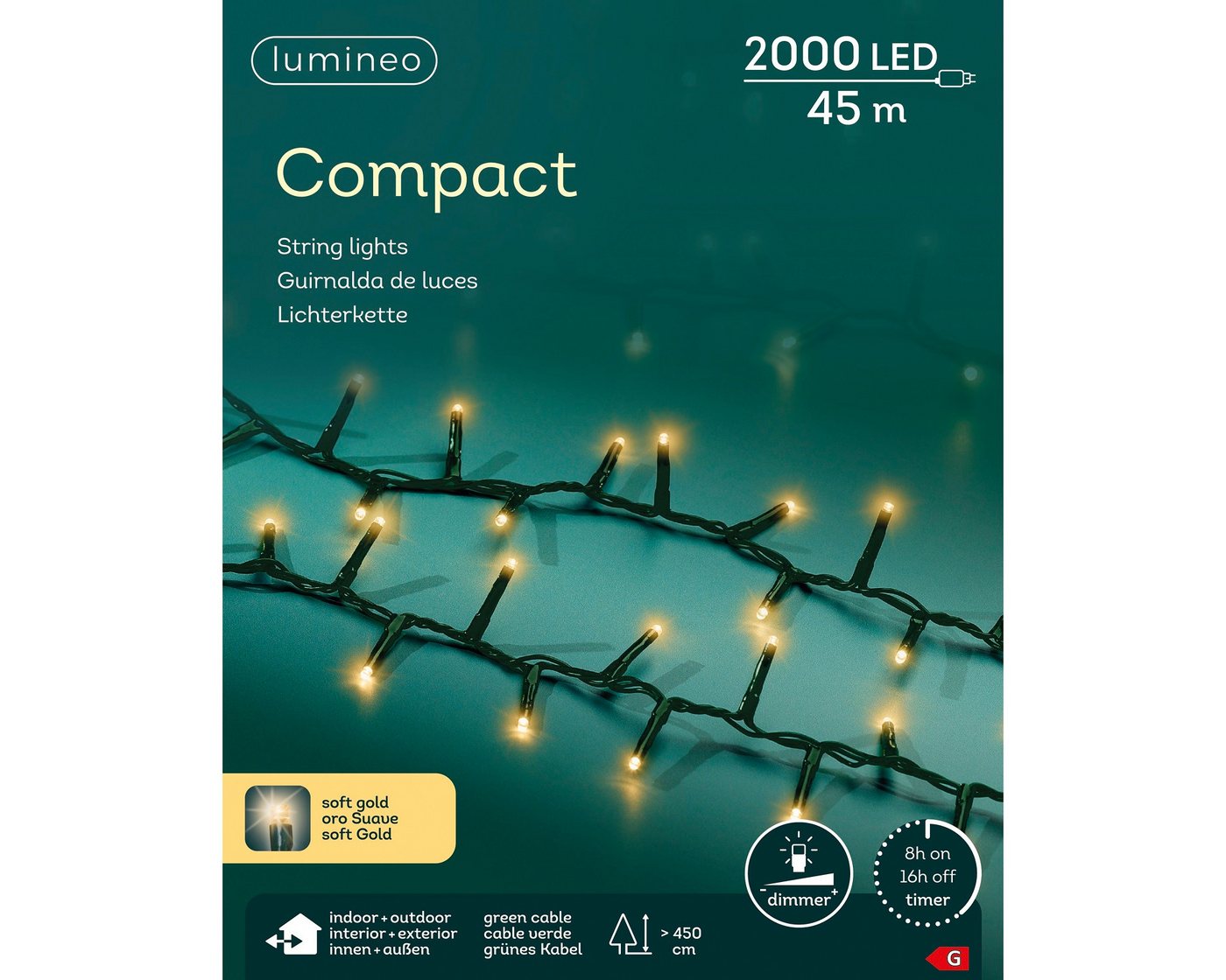 Lumineo LED-Lichterkette Lumineo Lichterkette COMPACT 2000 LED 45 m, Soft Gold, grünes Kabel, Indoor/Outdoor, dimmbar, 8h-Timer, 5 m Zuleitung Lumineo LED-Lichterkette Lumineo Lichterkette COMPACT 2000 LED 45 m, Soft Gold, grünes Kabel, Indoor/Outdoor, dimmbar, 8h-Timer, 5 m Zuleitung von Lumineo