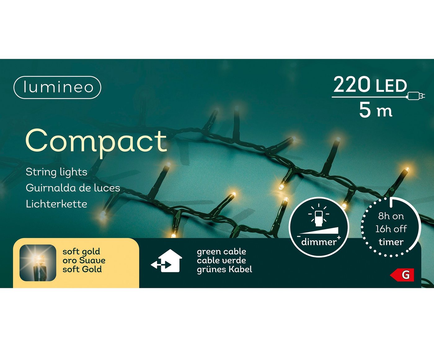 Lumineo LED-Lichterkette Lumineo Lichterkette COMPACT 220 LED 5 m, Soft Gold, grünes Kabel, Indoor/Outdoor, dimmbar, 8h-Timer, 5 m Zuleitung Lumineo LED-Lichterkette Lumineo Lichterkette COMPACT 220 LED 5 m, Soft Gold, grünes Kabel, Indoor/Outdoor, dimmbar, 8h-Timer, 5 m Zuleitung von Lumineo