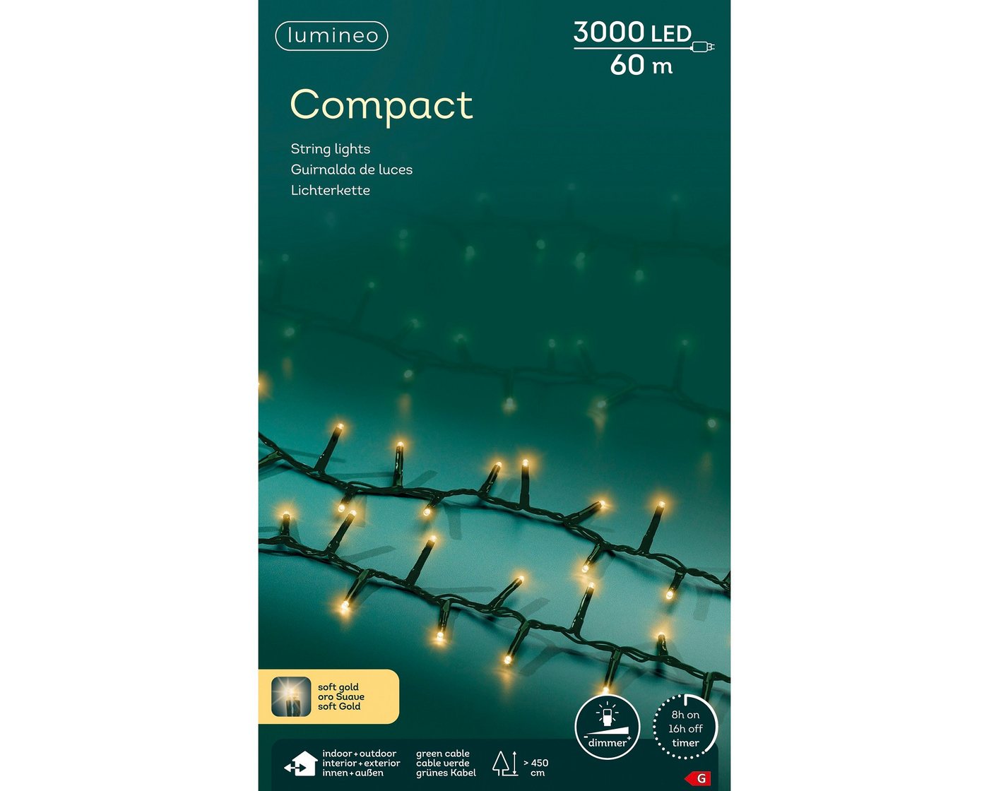 Lumineo LED-Lichterkette Lumineo Lichterkette COMPACT 3000 LED 60 m, Soft Gold, grünes Kabel, Indoor/Outdoor, dimmbar, 8h-Timer, 5 m Zuleitung Lumineo LED-Lichterkette Lumineo Lichterkette COMPACT 3000 LED 60 m, Soft Gold, grünes Kabel, Indoor/Outdoor, dimmbar, 8h-Timer, 5 m Zuleitung von Lumineo