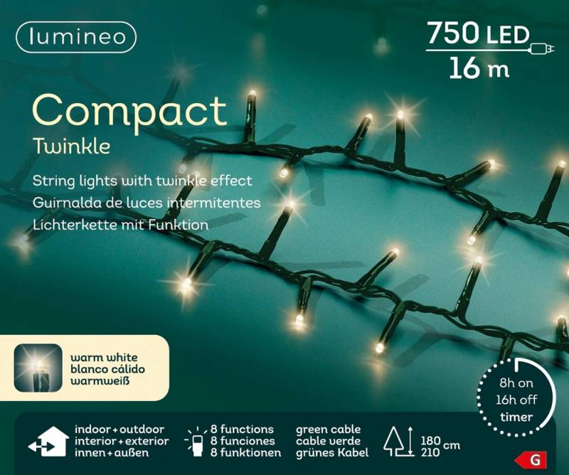 Lumineo LED-Lichterkette Lumineo Lichterkette COMPACT TWINKLE 750 LED 16 m warm weiß, grün, Indoor/Outdoor, 8 Funktionen, 8h-Timer, + 5 Meter von Lumineo