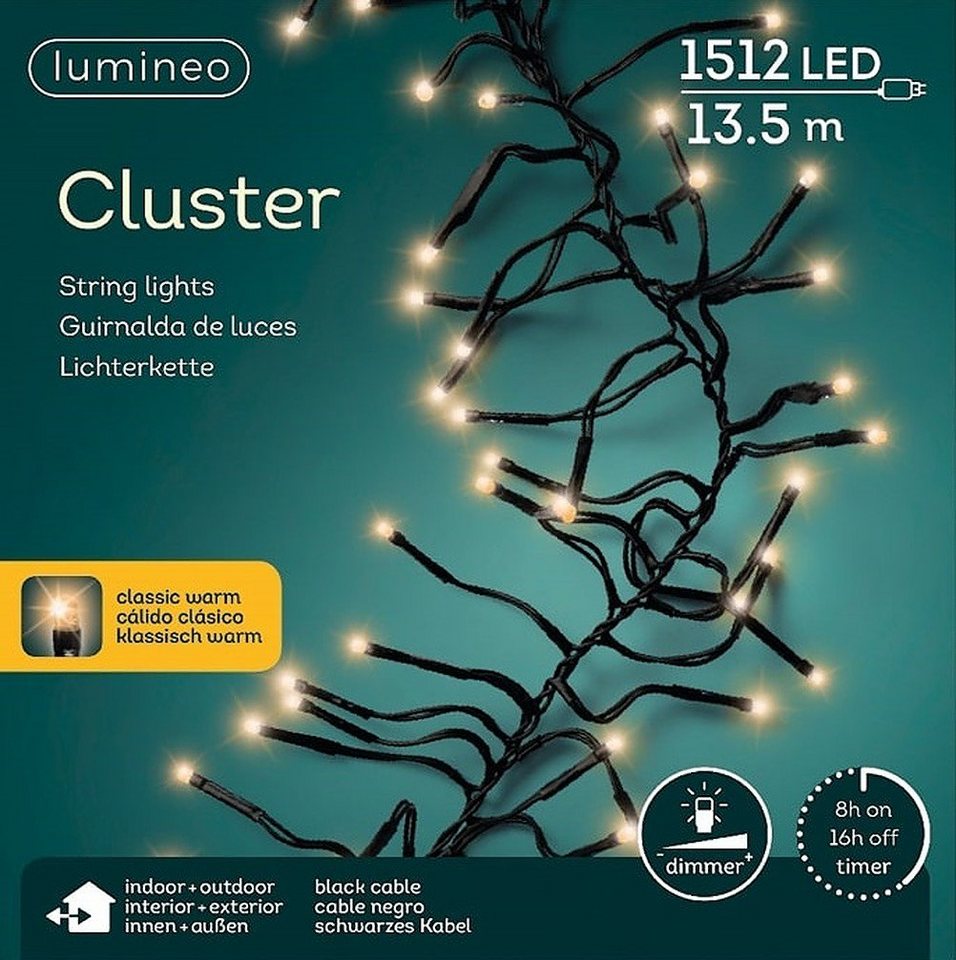 Lumineo LED-Lichterkette Lumineo Lichterkette Cluster 1512 LED 13,5 m klassisch warm, schwarz, Dimmbar, Timer, Indoor, Outdoor Lumineo LED-Lichterkette Lumineo Lichterkette Cluster 1512 LED 13,5 m klassisch warm, schwarz, Dimmbar, Timer, Indoor, Outdoor von Lumineo
