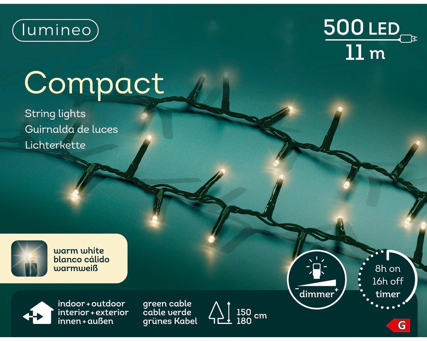 Lumineo LED-Lichterkette Lumineo Lichterkette COMPACT 500 LED 11 m warm weiß, grünes Kabel, Indoor/Outdoor, dimmbar, 8h-Timer, 5 m Zuleitung Lumineo LED-Lichterkette Lumineo Lichterkette COMPACT 500 LED 11 m warm weiß, grünes Kabel, Indoor/Outdoor, dimmbar, 8h-Timer, 5 m Zuleitung von Lumineo