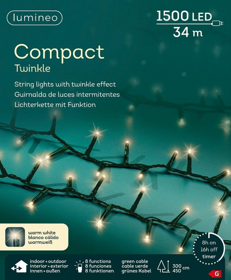 Lumineo LED-Lichterkette Lumineo Lichterkette COMPACT TWINKLE 1500 LED 34 m warm weiß, grün, Indoor, Outdoor, 8 Lichtfunktionen, 8h-Timer von Lumineo