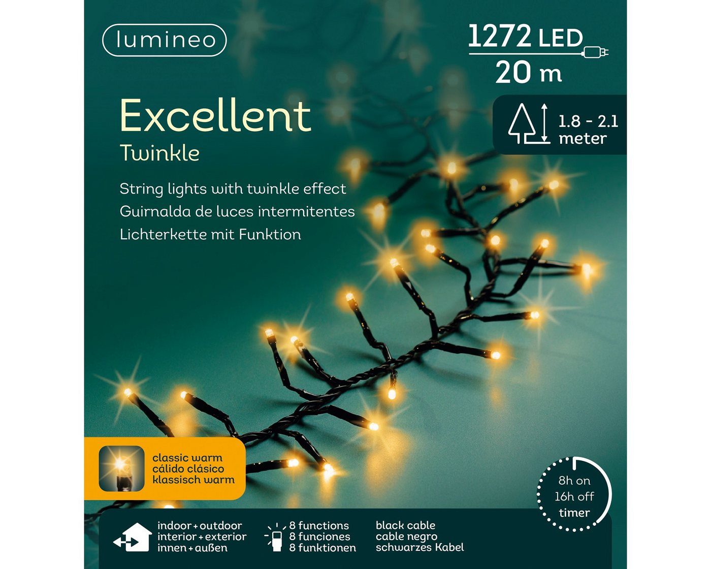 Lumineo LED-Lichterkette Lumineo Lichterkette EXCELLENT TWINKLE 1272 LED 20 m klassisch warm, Indoor/Outdoor, 8 Effekte, 8h-Timer, + 5 Meter Zuleitung von Lumineo