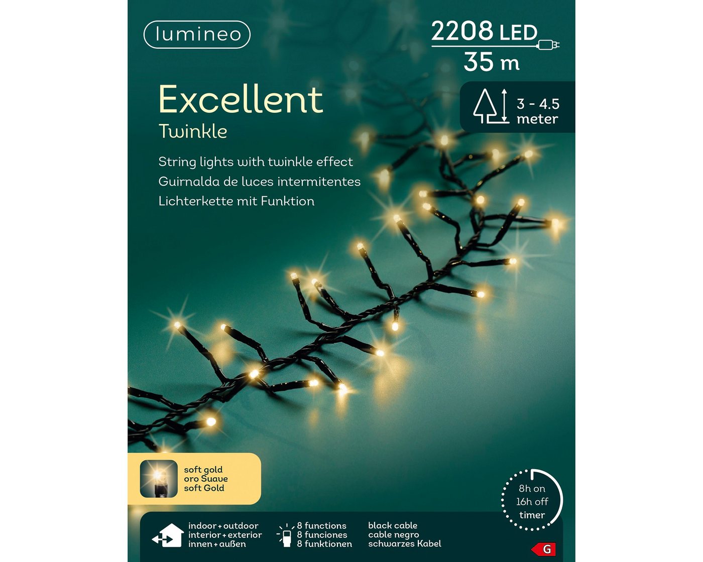 Lumineo LED-Lichterkette Lumineo Lichterkette EXCELLENT TWINKLE 2208 LED 35 m Soft Gold schwarz, Indoor/Outdoor, 8 Effekte, 8h-Timer, + 5 Meter Zuleitung von Lumineo