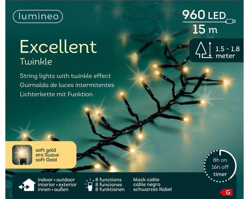 Lumineo LED-Lichterkette Lumineo Lichterkette EXCELLENT TWINKLE 960 LED 15 m Soft Gold, schwarz, Indoor/Outdoor, 8 Effekte, 8h-Timer, + 5 Meter Zuleitung von Lumineo
