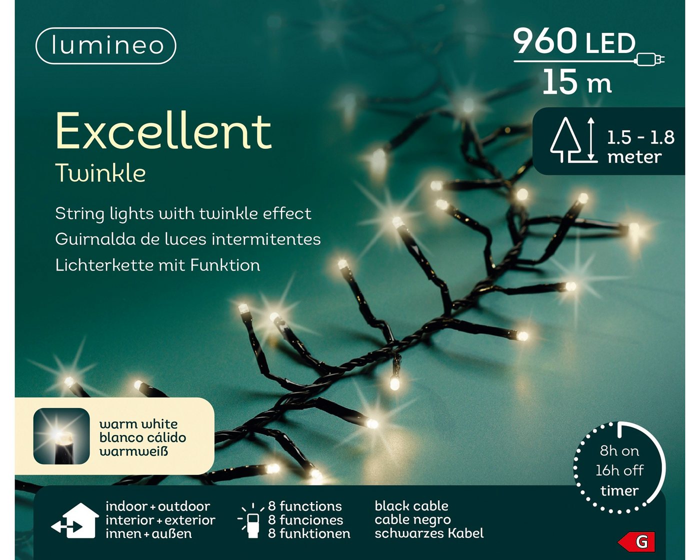 Lumineo LED-Lichterkette Lumineo Lichterkette EXCELLENT TWINKLE 960 LED 15 m warm weiß, schwarz, Indoor/Outdoor, 8 Effekte, 8h-Timer, + 5 Meter Zuleitung Lumineo LED-Lichterkette Lumineo Lichterkette EXCELLENT TWINKLE 960 LED 15 m warm weiß, schwarz, Indoor/Outdoor, 8 Effekte, 8h-Timer, + 5 Meter Zuleitung von Lumineo