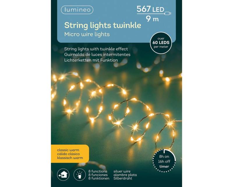 Lumineo LED-Lichterkette Lumineo Lichterkette STRING LIGHTS TWINKLE 567 LED 9 m, klassisch warm, Indoor/Outdoor, 8 Licht-Modi, 8h-Timer, + 5 Meter von Lumineo