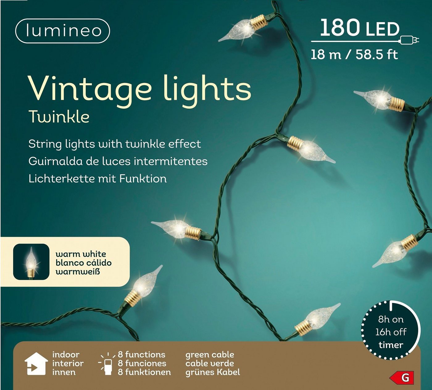 Lumineo LED-Lichterkette Lumineo Lichterkette Twinkle 180 LED 18 m warm weiß, 8 Funktionen, Twinkle-Effect, Indoor, 8h-Timer von Lumineo