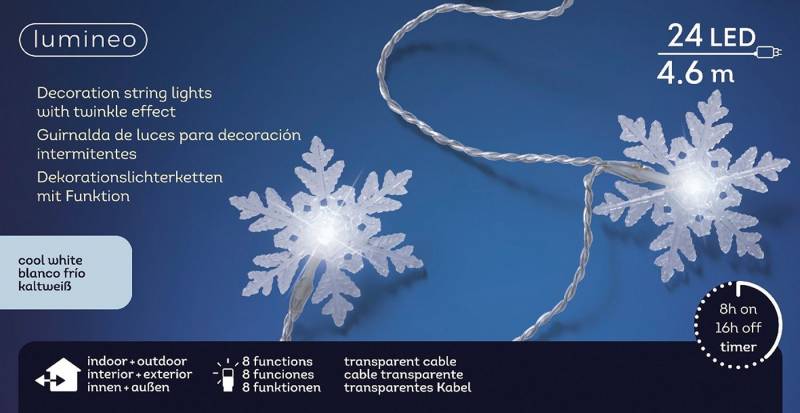 Lumineo LED-Lichterkette Lumineo Schneeflocken-Lichterkette 24 LED 4,6 m kaltweiß, trans. Kabel, 8h-Timer, transparentes Kabel, Indoor, Outdoor Lumineo LED-Lichterkette Lumineo Schneeflocken-Lichterkette 24 LED 4,6 m kaltweiß, trans. Kabel, 8h-Timer, transparentes Kabel, Indoor, Outdoor von Lumineo