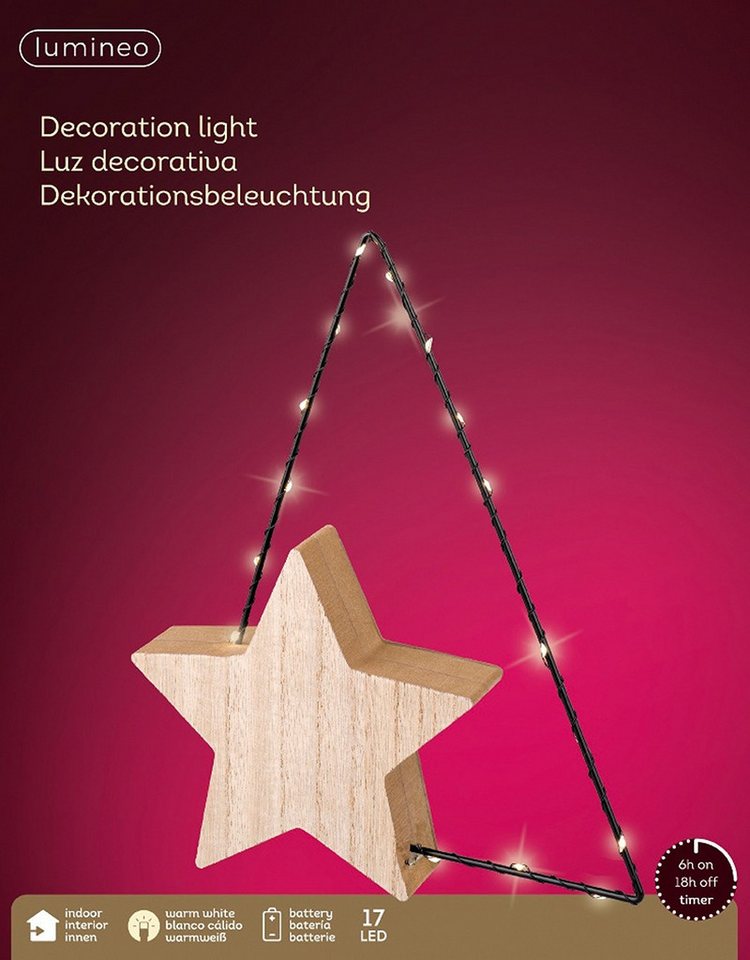 Lumineo LED Stern LED Beleuchtung Holzstern, 17 LED warm weiß, batteriebetrieben, Timer, Warmweiß, 6-Stunden-Timer, Innenbereich, Deko-Beleuchtung von Lumineo