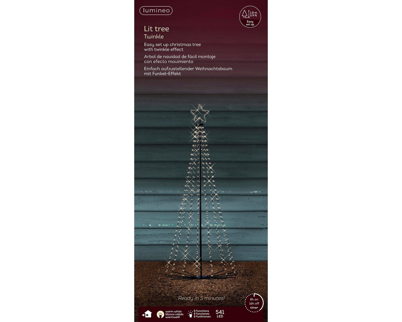 Lumineo LED Stern LED Metall-Baum 541 LED 180 cm Schwarz, warm weiß, Twinkel Effekt, Warmweiß, Timer, Outdoor, 8 Twinkle-Effekte, 8h-Timer, Outdoor, 8 m Zuleitung von Lumineo