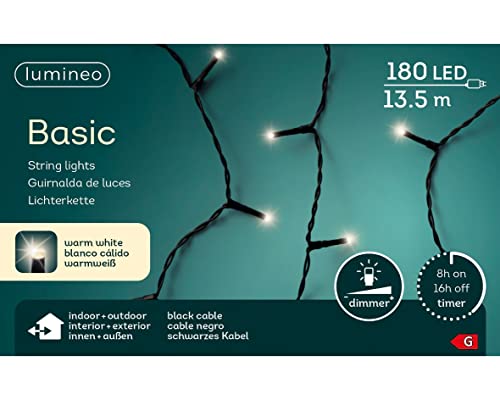 Lumineo Lichterkette Basic warm weiß - 180 LED's - 13,5 Meter - schwarzes Kabel - Indoor & Outdoor - Timer - dimmbar - IP44 von Lumineo