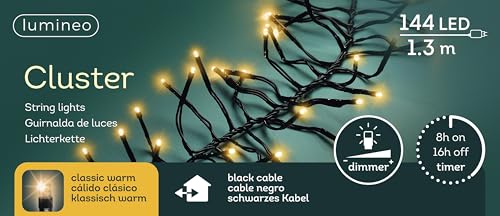 Lumineo Lichterkette Cluster klassisch warm - 144 LEDs - 1,3 Meter - schwarzes Kabel - Indoor & Outdoor - Timer - dimmbar - IP44 Schutz von Lumineo