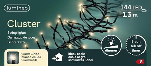 Lumineo Lichterkette Cluster warm weiß - 144 LEDs - 1,3 Meter - schwarzes Kabel - Indoor & Outdoor - Timer - dimmbar - IP44 Schutz von Lumineo