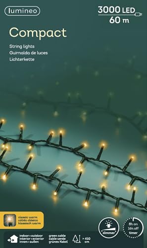 Lumineo Lichterkette Compact klassisch warm - 3000LEDs - 60 Meter - grünes Kabel - Indoor & Outdoor - Timer - 5 Stufen Dimmer - IP44 Schutz Lumineo Lichterkette Compact klassisch warm - 3000LEDs - 60 Meter - grünes Kabel - Indoor & Outdoor - Timer - 5 Stufen Dimmer - IP44 Schutz von Lumineo