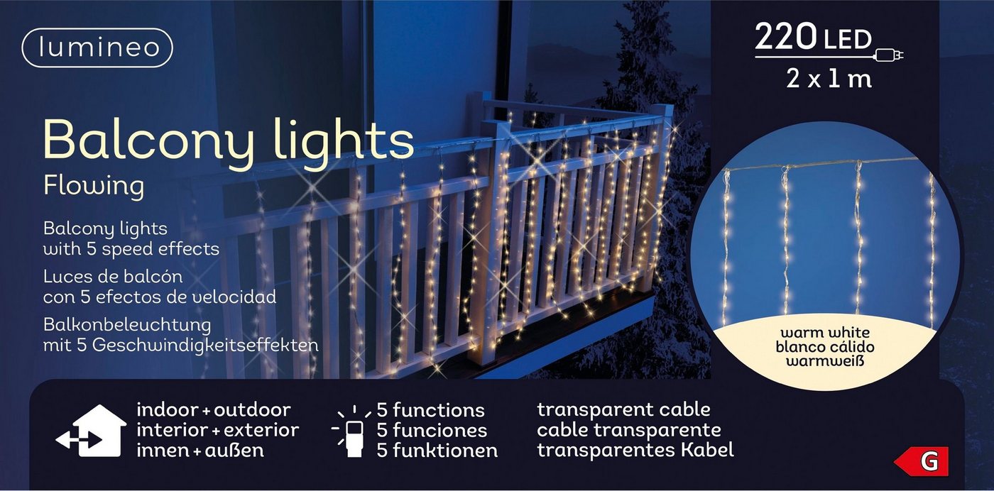 Lumineo Lichtervorhang Lumineo Balkonbeleuchtung 220 LED 2x1 m warm weiß, transparentes Kabel, 5 Licht-Funktionen, Indoor, Outdoor von Lumineo