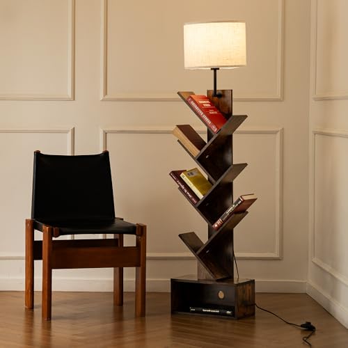 LuminexDesigns Stehlampe Wohnzimmer mit Regal – Vintage Holz Stehleuchte mit Stoffschirm, Baumform Bücherregal 8 Ebenen, Retro Standleuchte Schlafzimmer 145cm, Braun, E27, Fußschalter, ohne Birne LuminexDesigns Stehlampe Wohnzimmer mit Regal – Vintage Holz Stehleuchte mit Stoffschirm, Baumform Bücherregal 8 Ebenen, Retro Standleuchte Schlafzimmer 145cm, Braun, E27, Fußschalter, ohne Birne von LuminexDesigns