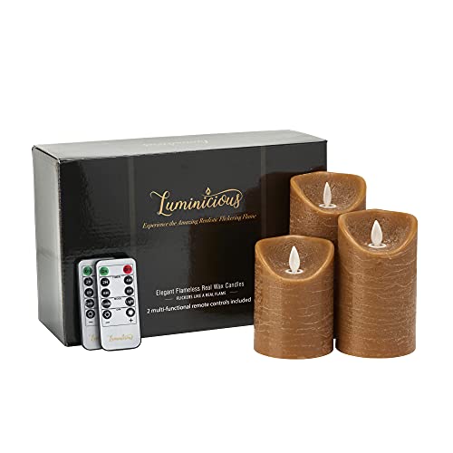 Luminicious Flammenlose duftlos LED Flamme. Hellbraune Batteriekerzen, Fernbedienung & Timer | echtem Wachs Stumpenkerzen Set von 3 (10,2 cm 12,7 cm 15,2 cm) Perfekte Geschenk von Luminicious