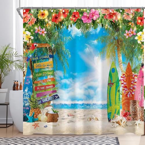 Luminora Sommer-Duschvorhang mit Hawaii-Strandmotiv für Badezimmer, Tropische Blumen, Surfbrett, Palmenblätter, Dekorations-Set mit 12 Haken, wasserdichtes Polyester, 180 x 180 cm Luminora Sommer-Duschvorhang mit Hawaii-Strandmotiv für Badezimmer, Tropische Blumen, Surfbrett, Palmenblätter, Dekorations-Set mit 12 Haken, wasserdichtes Polyester, 180 x 180 cm von Luminora