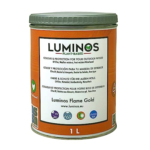 Luminos LUM1111 - FLAME GOLD - Biopolymer-Lasur auf Wasserbasis. Verwendung für Holz im Außenbereich - Golden Orange 1L von SOLRAC COATINGS