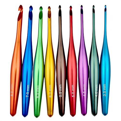 9-teiliges ergonomisches Häkelnadel-Set, 3,5 mm - 8 mm, poliertes Aluminium, mehrfarbige Metall-Häkelnadeln, Nadeln für Furlgarn, mit Etui und Größenmarkierung 9-teiliges ergonomisches Häkelnadel-Set, 3,5 mm - 8 mm, poliertes Aluminium, mehrfarbige Metall-Häkelnadeln, Nadeln für Furlgarn, mit Etui und Größenmarkierung von Lumirio