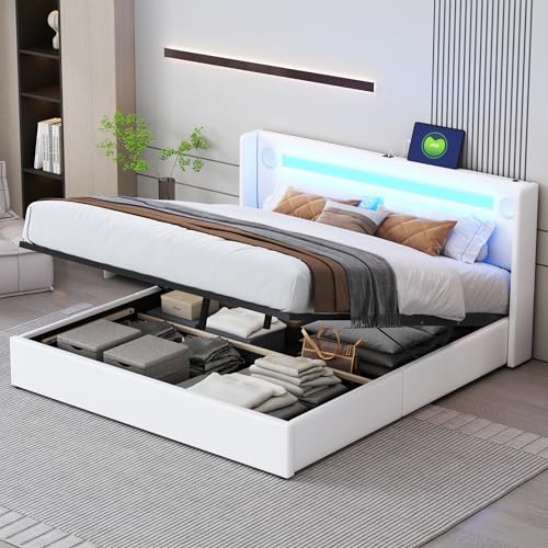 Lumivortex Bett 160x200, Bett Mit LED, Bluetooth-Player Und USB-Aufladung, Doppelbett, Polsterbett Mit Bettkasten, Einzelbett Mit Lattenrost, Funktionsbett, PU, Ohne Matratze (160x200cm Weiß) von Lumivortex