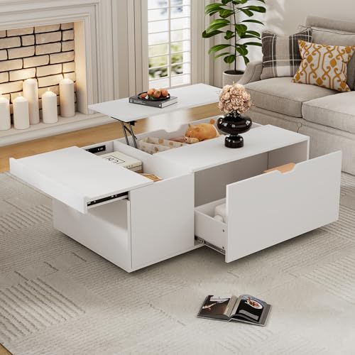 Lumivortex Couchtisch Höhenverstellbar, Wohnzimmertisch Weiß, Couchtisch mit Stauraum, Wohnzimmertisch Höhenverstellbar, Couch Tisch mit Schubladen und Schiebetüren, Coffee Table (Stil B) von Lumivortex