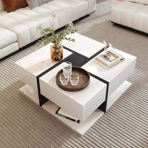 Lumivortex Couchtisch mit Stauraum 4 Schubladen, Wohnzimmertisch Liniendesign, Couchtisch Weiß, Cauchsofa Tisch Rechteckiger, Wohnzimmer möbel, 78x78x36cm (Weiß) von Lumivortex