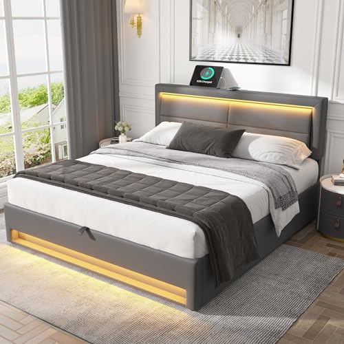 Lumivortex Doppelbett 140x200 cm, Polsterbett mit Stauraum, Bett mit LED und USB Ladeanschluss, Jugendbett, Bettgestell mit Lattenrost, Ohne Matratze, Grau (A Grau 140x200cm) von Lumivortex